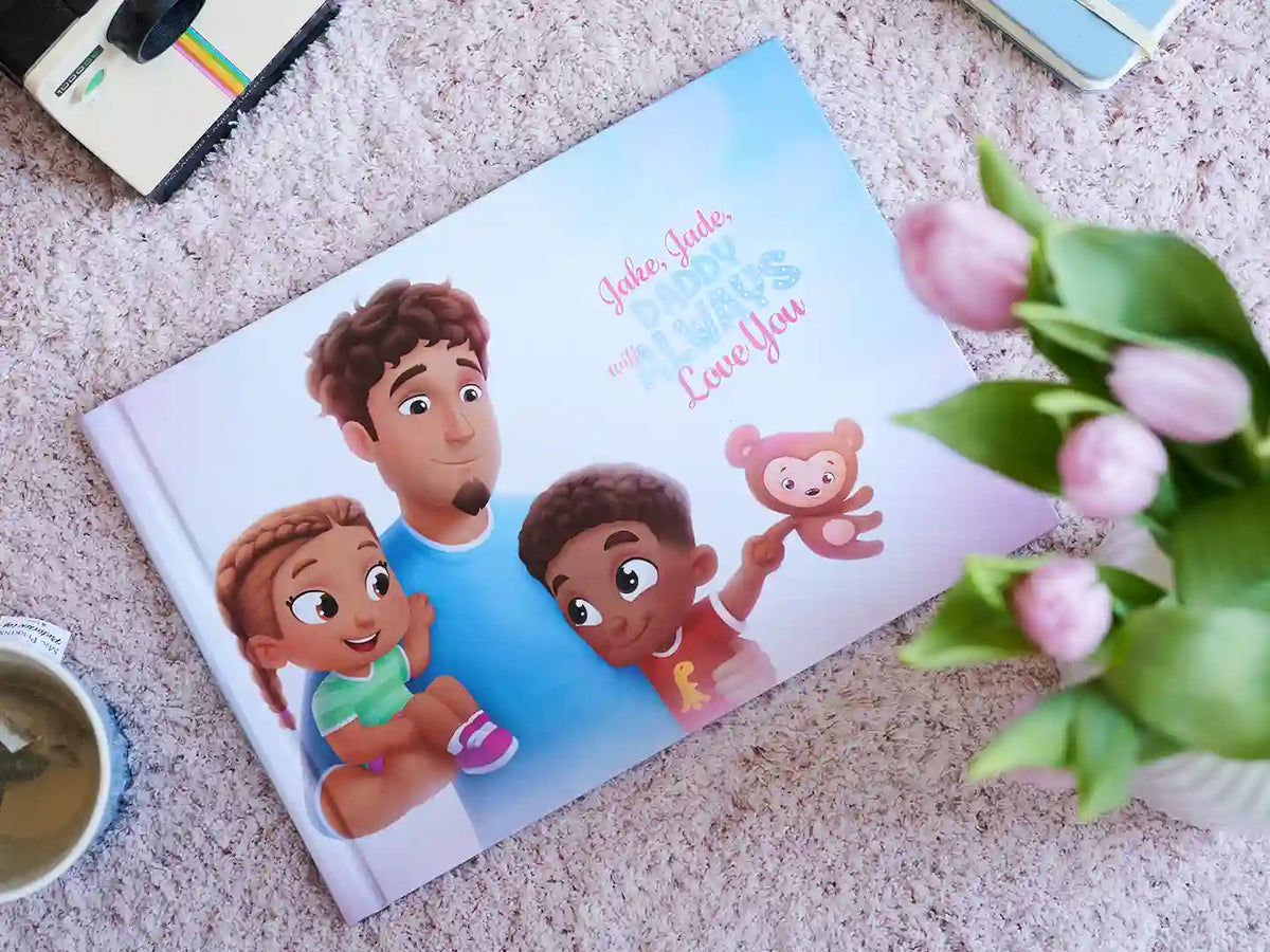 Personalized book for dad and two kids on the carpet is a great gift for father.