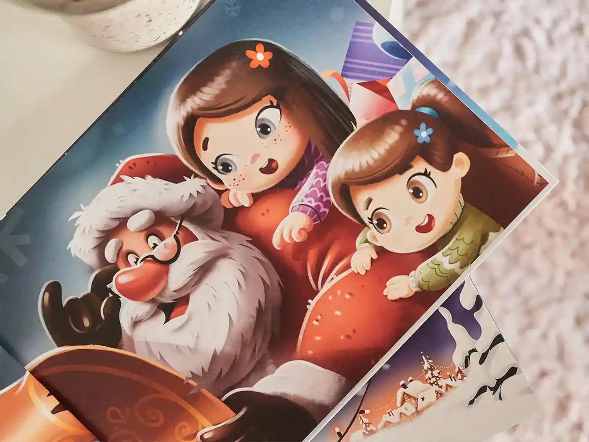Festive illustrations from custom Christmas book for siblings showing Santa with two kids.