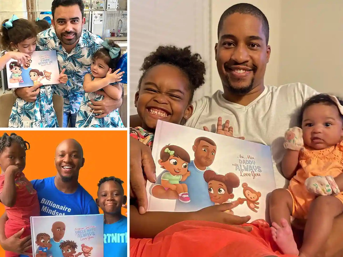 Dads and kids are smiling beacuse they received a perfect gift for dads, a book including them and their kids.