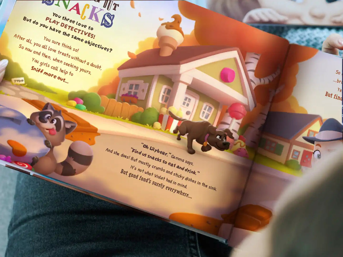 A personalized book page featuring a dog and kids solving mysteries together – custom storybook gift for children who love pets and adventures.